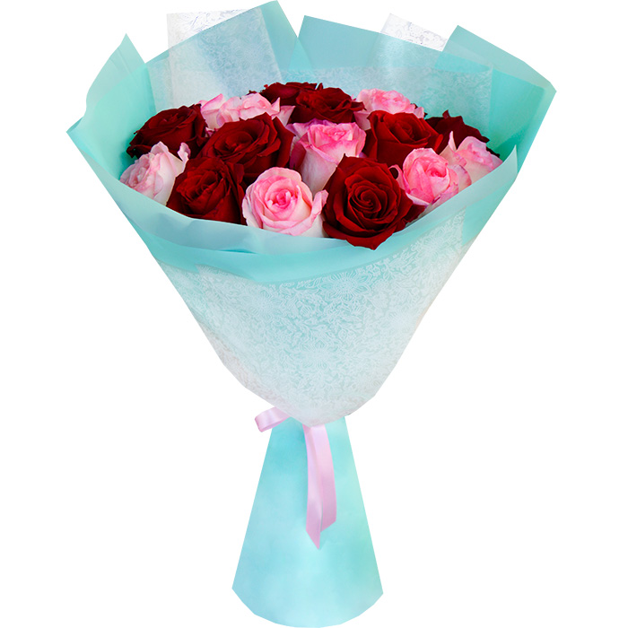 Букет из 19 красных и розовых роз в упаковке